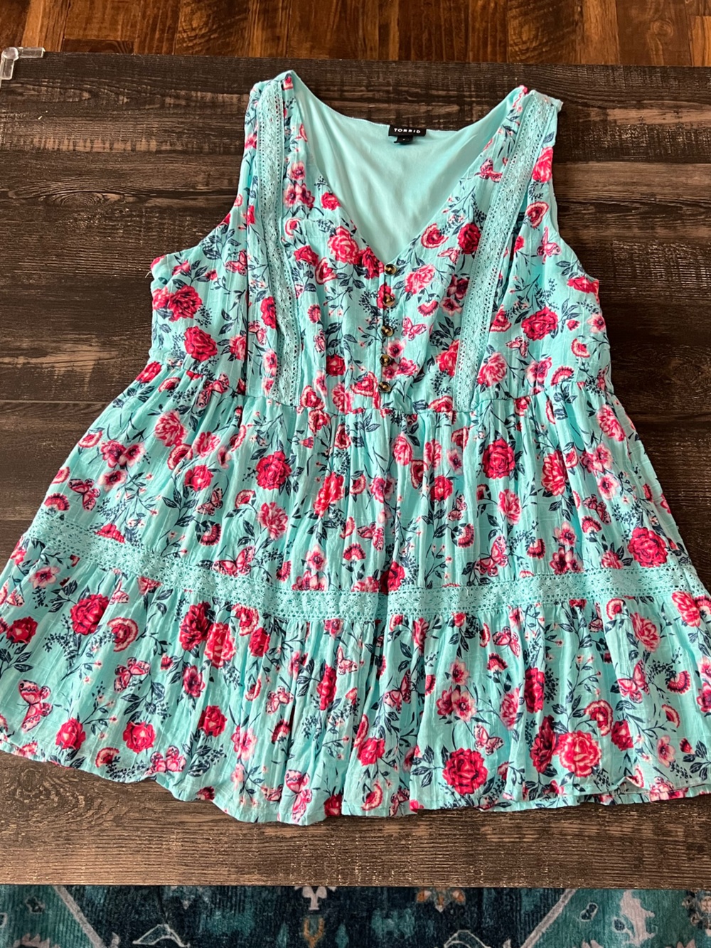 Torrid Aqua & Pink Sleeveless Ruffle Top